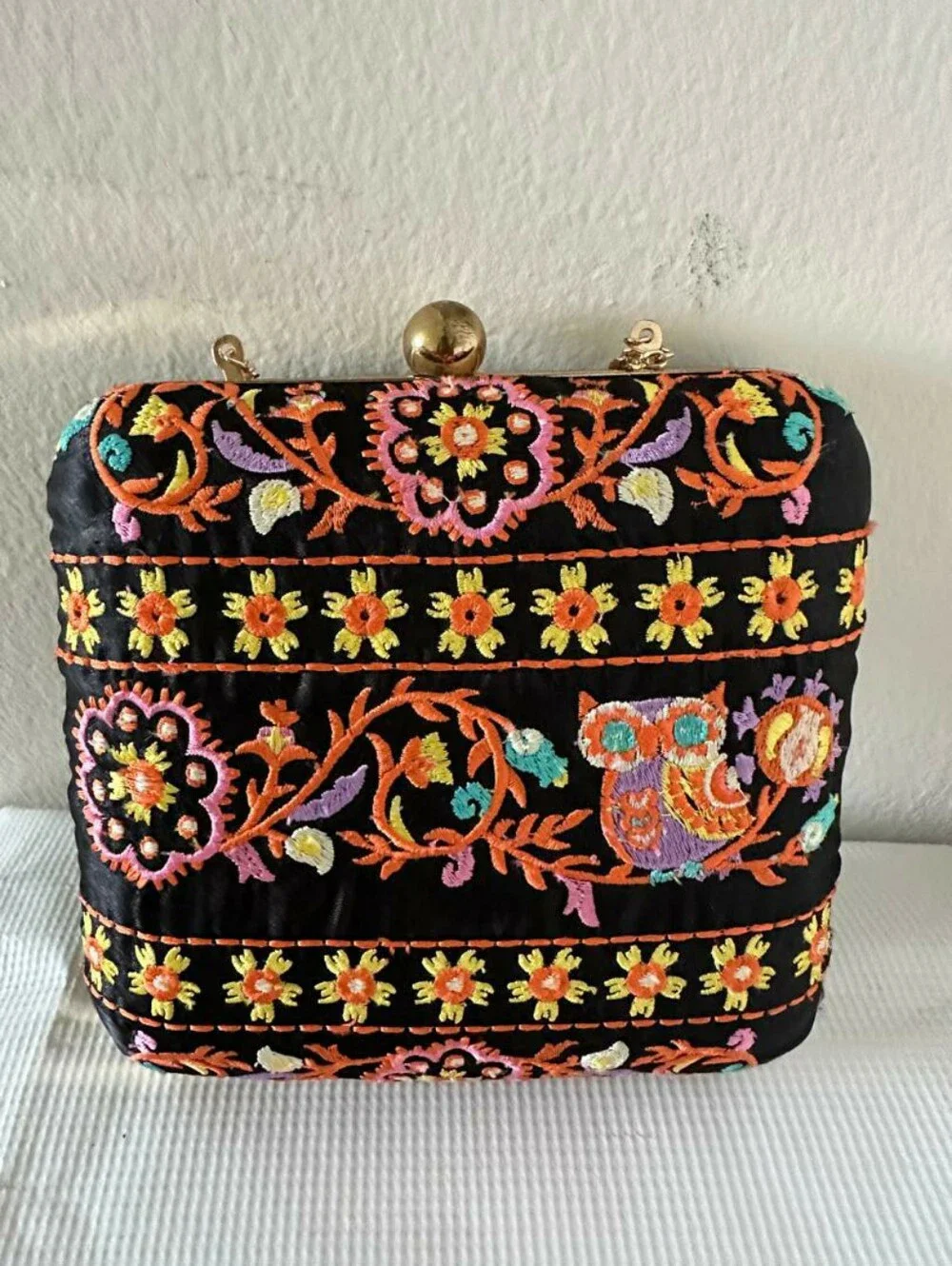 Boho Embroidered Owl Floral Hard Case Clutch Bag Black Multi